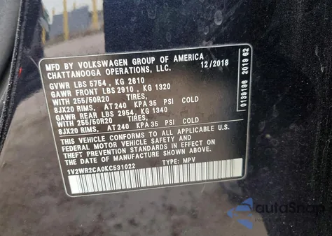 2019 Volkswagen Atlas Se from USA, damaged, VIN 1V2WR2CA0KC531022